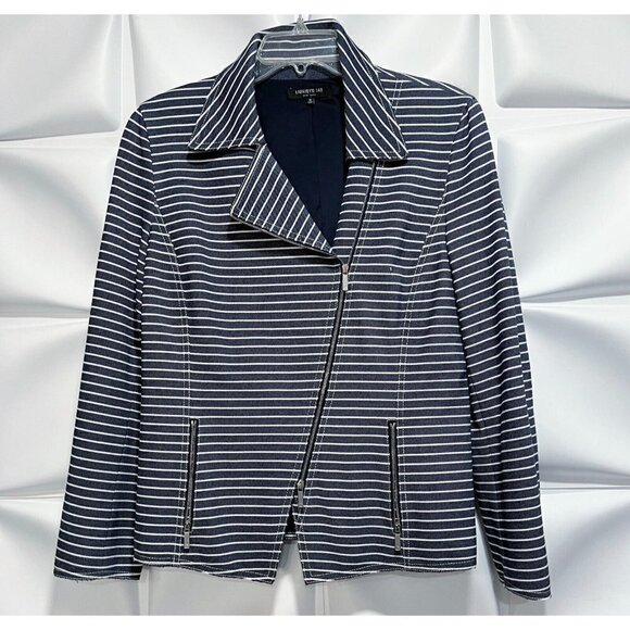Lafayette 148 Sz 12 Blue Striped Moto Blazer Jacket l Full Zip Up Womens - Picture 8 of 12